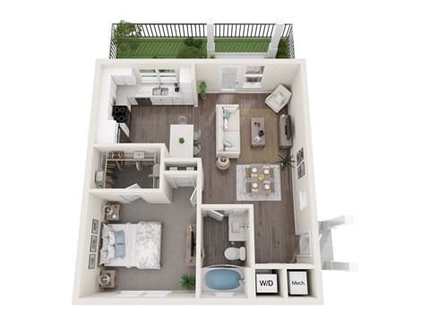 Floor plan for 1 bed, 1 bath, 717 sqft